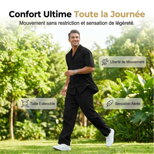 Ensemble Décontracté Homme : Chemise Col Cubain et Pantalon Coupe Ample