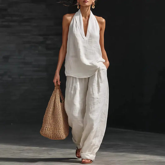 ✨🔥Ensemble deux pièces en lin bohème – Haut sans manches à col haltère et pantalon à jambes larges