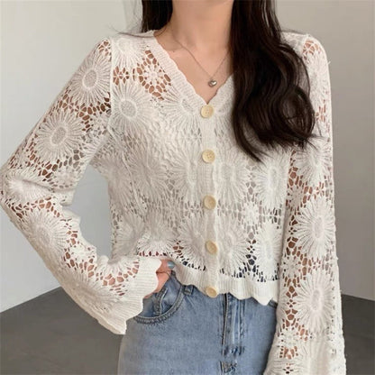🌷Offre à durée limitée : 50 % de réduction💞Cardigan en dentelle au crochet à boutons