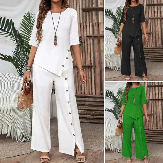 👚 50% DE RÉDUCTION! 🌸 Ensemble Deux Pièces pour Femme – Top avec Ourlet Asymétrique & Pantalon à Jambes Larges, Look Moderne & Confortable 💃