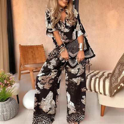 👕 PROMO LIMITÉE 50% DE RÉDUCTION ! ✨ Ensemble Femme – Haut V Imprimé + Pantalon Long, Léger, Confortable ☀️