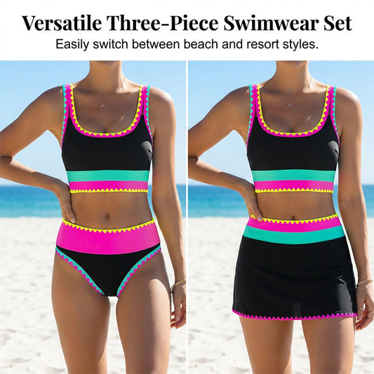 👙🌊 Ensemble bikini 3 pièces pour femme – Taille haute, motif color-block et zigzag, idéal pour la plage et les vacances