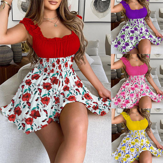 📢📢50 % DE RÉDUCTION !!!⏰Mini-robe d'été à imprimé floral et taille smockée