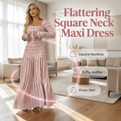 👗 50% DE RÉDUCTION ! Robe Longue Femme Col Carré – Tissu Texturé, Corsage Élastique & Silhouette Flatteuse 🌸