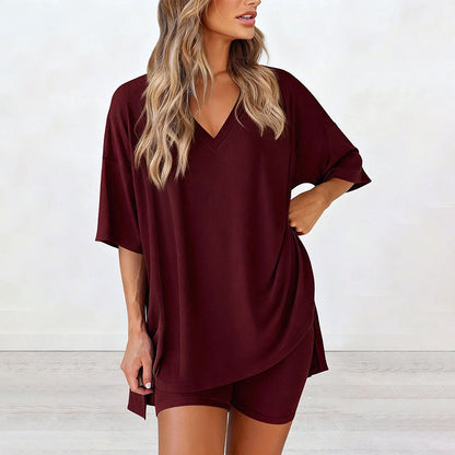 🛋️ 50% DE RÉDUCTION POUR UN TEMPS LIMITÉ ! 👕 Ensemble décontracté pour femme – Haut à col en V et short – Coupe ample, fluide, deux pièces 🍂