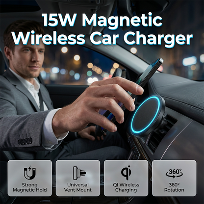 🔋 50% DE RÉDUCTION! 🚗 Chargeur Voiture Magnétique Sans Fil 15W avec Lumière Ambiante – Charge Rapide, Fixation Magnétique & Design Pratique Pour Tous Les Téléphones 📱