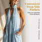 ❤️👗 PROMO LIMITÉE 50% ! Robe Longue d'Été Femme Bretelles Nuque – Col V Profond, Poche, 4 Couleurs, 5 Tailles, Tissu Léger & Respirant 🏖️