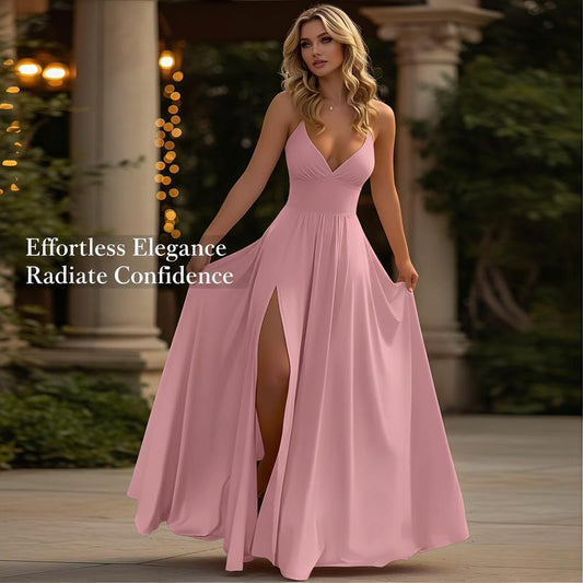✨🌈50 % de réduction👗Robe longue à col en V, bretelles fines et fente haute✨