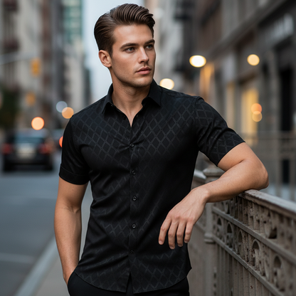👔 PROMO LIMITÉE 50% DE RÉDUCTION ! ✨ Chemise Homme Jacquard Noir – Motif Losange, Slim, 8 Tailles ✨
