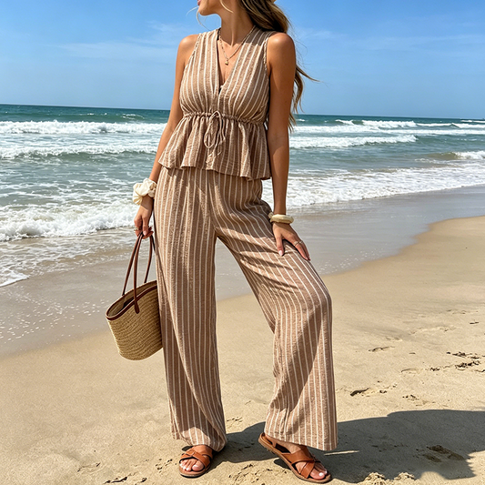 👕 50 % DE RÉDUCTION POUR UNE DURÉE LIMITÉE ! ✨ Ensemble femme composé d'un haut à rayures et col en V et d'un pantalon à jambes larges