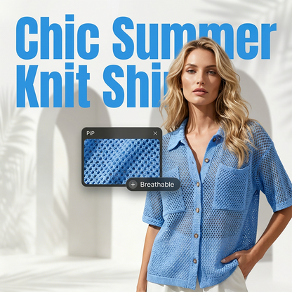 👚🧶 PROMO LIMITÉE 50% ! Chemise Boutonnée Femme Tricotée à Manches Courtes – Tissu Ajouré Respirant, 2 Poches, Coupe Légère, 2 Couleurs, Parfaite pour Superposition Estivale 🌞