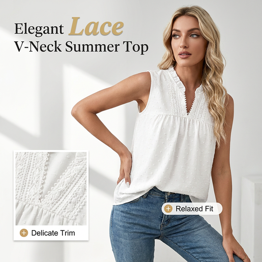 Top Sans Manches à Pois pour Femme avec Col en V en Dentelle