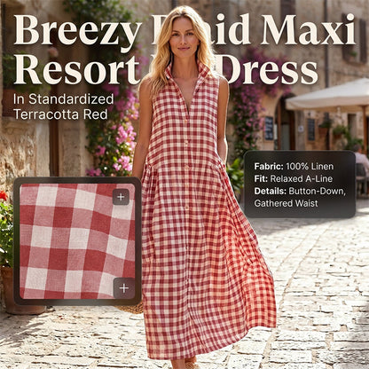 ✨🔥Robe d'Été Femme Col V à Carreaux Longue