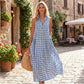 ✨🔥Robe d'Été Femme Col V à Carreaux Longue