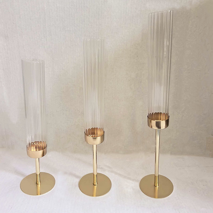 European Light Luxury Gold Candlestick Set of 3 Windproof Glass Candle Holder for Wedding Table Decor