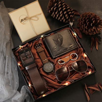 ⏳Time-Limited Special⏰Men's 5-Piece Gift Set with Watch Wallet Belt Sunglasses Keychain⌚🕶️